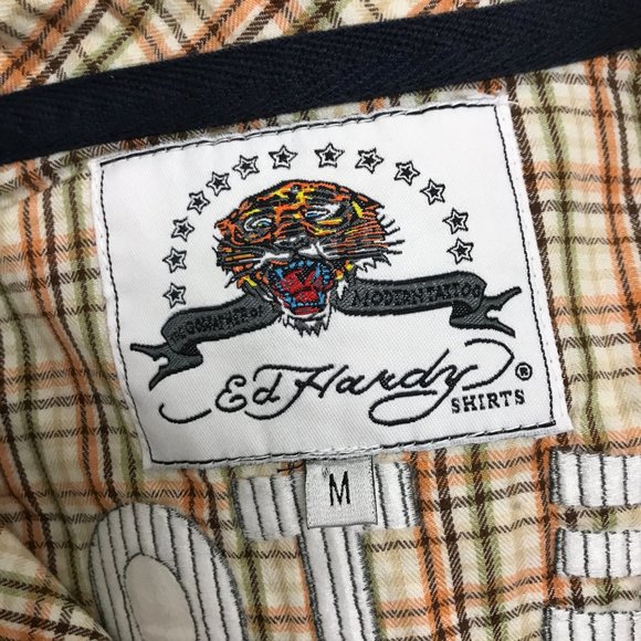 ED HARDY embroidered tattoo eagle tan cotton plaid work shirt jacket M